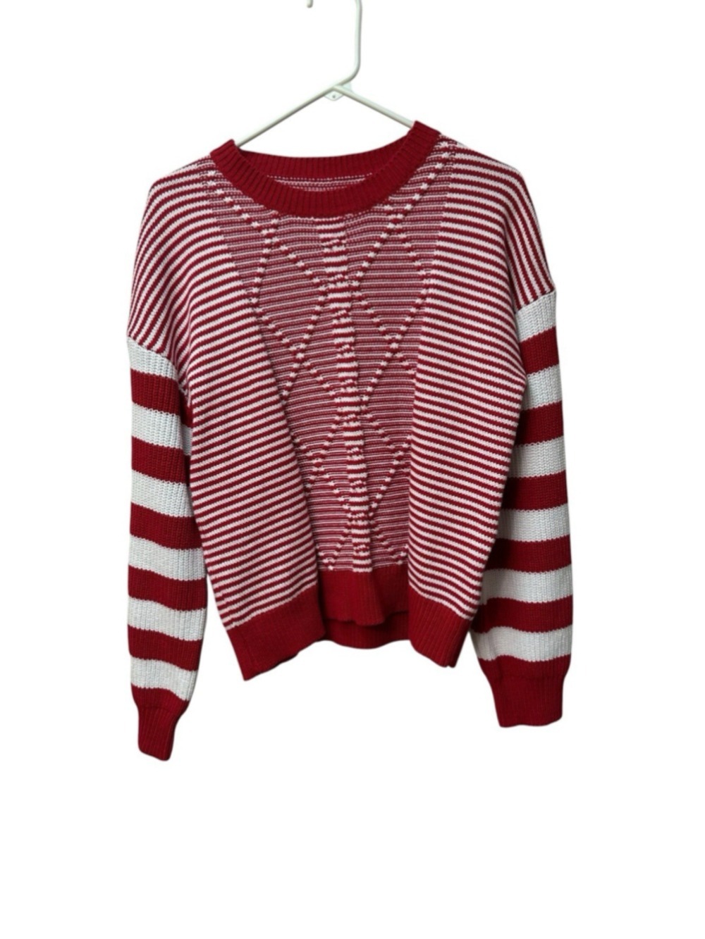 Nautical Red & White Stripe Sweater Womens Medium Cable Knit Pull-over Boating